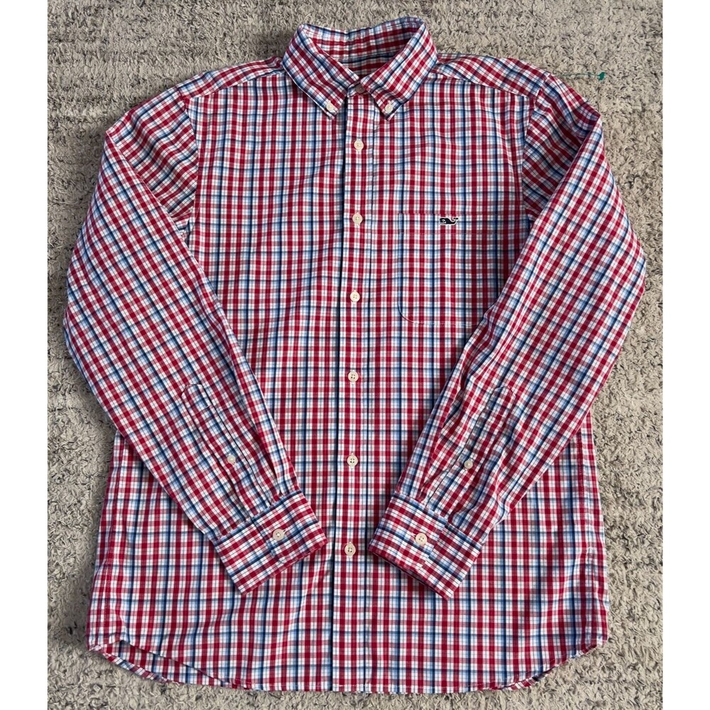 Vineyard Vines Men's Small Plaid Button Down Shirt Red Blue Stretch Cotton